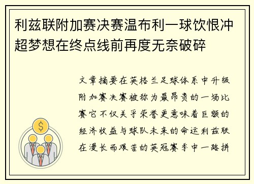 利兹联附加赛决赛温布利一球饮恨冲超梦想在终点线前再度无奈破碎